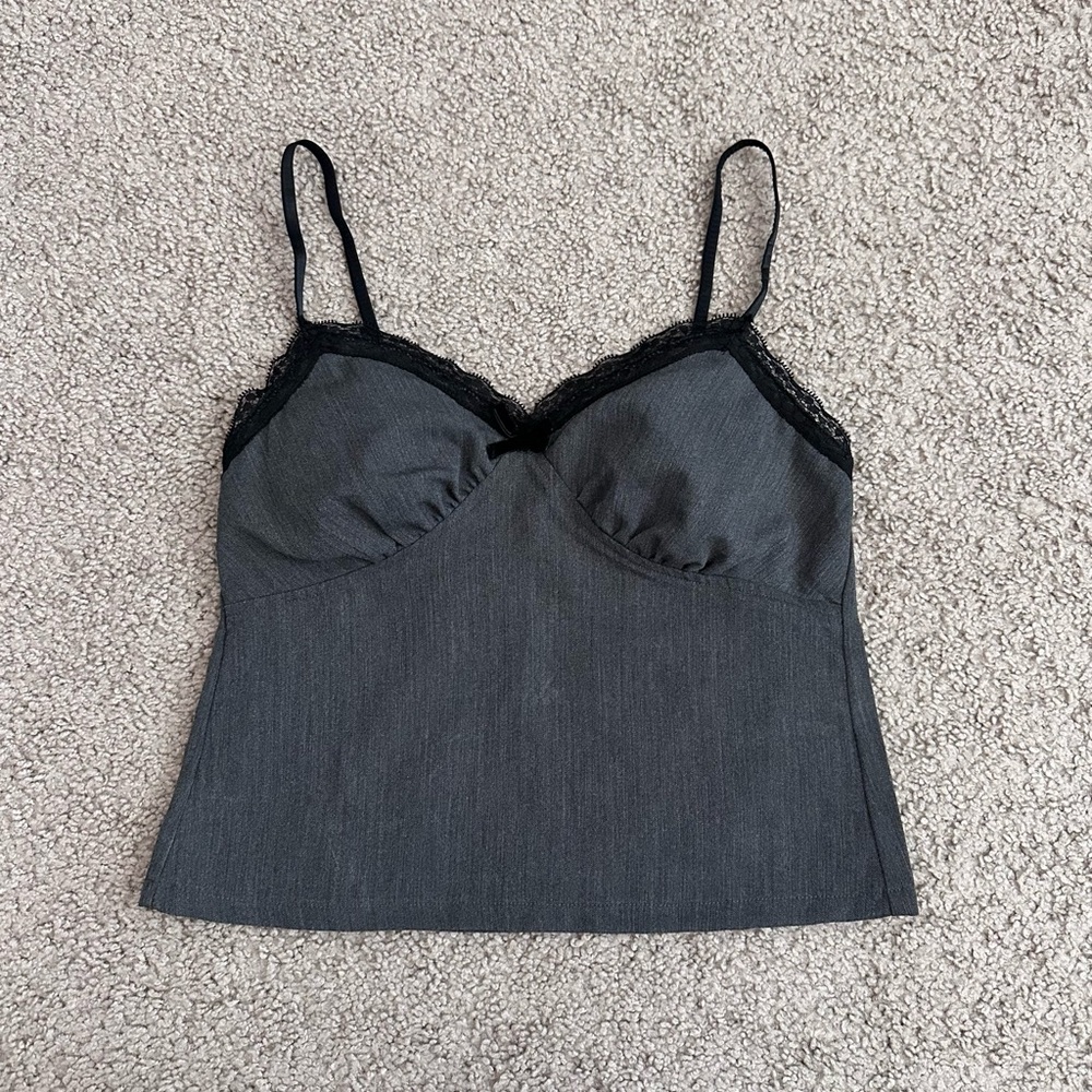 No Boundaries Charcoal Gray Cami Top Black Lace Trim Womens XS (0-2)